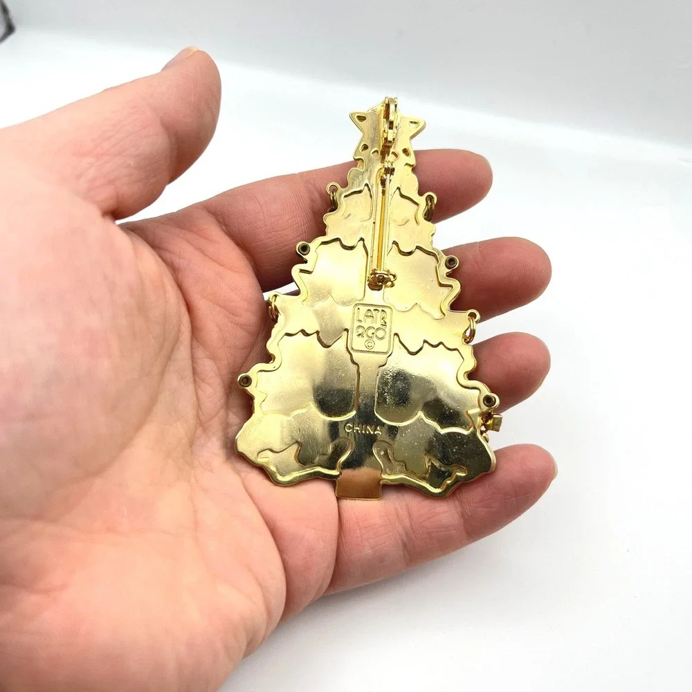 LATR‎ 2GO Vintage Christmas Tree Brooch Enamel Rhinestone Charms Gold Tone Pin